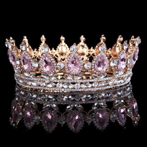 Tiaras Luxury Retro Gold Color Pink Pink Crystal Round Bridal Crown Classic Baroque Rhinestone Diadem Tiaras Women Wedding Hair Accessories Z0220