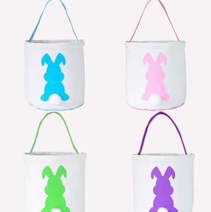 Easter Bunny Canvas Basket Party Favors Hunt Candy Egg Treasures Bag Tote With Rabbit Fluffy Tail for Kids Event Gift Cotton Round Shape