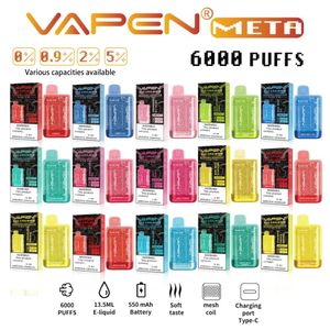 VAPEN META 6000puffs 0% 2% 5% 메쉬 코일 전자 담배 키트 일회용 Vape 펜 13.5ml 전자 액체 550mAh 배터리 전자 담배 미리 채워진 ELF TE 5000 기화기 바 키트