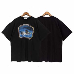 衣服とショーツチャパイrhudeルーズラウンドネックプリントカジュアルソフトショートスリーブコットンTシャツ黒い夏の男性女性