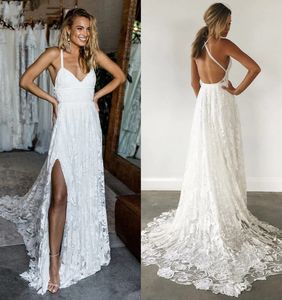 Spaghetti Backless Lace Wedding Dress Bohemian Beach Long Ivory Bridal Gowns Side Split Sexy 2023 Summer Bride Vestido De Novia