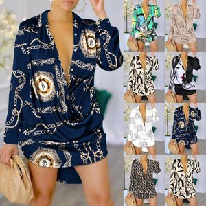 Abiti casual 2023 camicia a maniche lunghe stampata moda sexy abito da donna scollo profondo ampio Boho Vestido Feminino