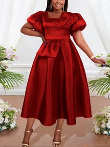 Sıradan Elbiseler Vintage Kırmızı Prom Elegant Square Boyun Kabarık Yüksek Bel Piled Akışlı Elbise Mütevazı Akşam Düğün Misafir Doğum Günü 3xl
