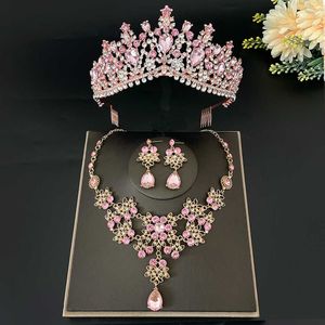 Tiaras Mode Rosa Kristall Strass Braut Tiara Krone Frauen Königin Prinzessin Halskette Sets Modeschmuck Set Diadems Z0220