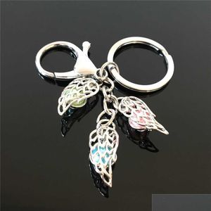 Keychains Lanyards European And American Feather Pearl Cage Key Ring Can Open Hollow Noctilucent Volcanic Stone Pendant Keyring Drop Dhcu9