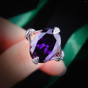 クラスターリングヴィンテージアメジストサファイアオーバルフルダイヤモンドオープン調整可能なカップルリング紫色の記念日ギフトジュエリー