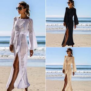 strandkl￤nningar bikini cover-ups l￥ng￤rmad h￥lad stickad slits dam sexig bikini smock strand kl￤nning stcy2139 sommar vit svart och beige f￤rg badkl￤der smock