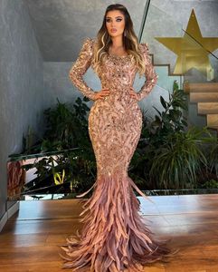Luxury Mermaid Prom Dresses Long Sleeves High Neck 3D Lace Sexy Appliques Sequins Beaded Floor Length Celebrity Feather Train Evening Dresses Plus Size Custom Made