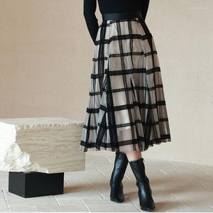 Kjolar Autumn Mesh Patchwork Jupe Femme Japanese Chic Hit Color Plaid Gaze Womens Vintage Legant High midja en linjekjol