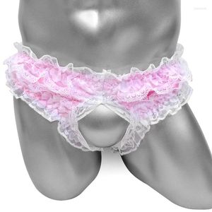 Unterwäsche Luxus -Herrenunterhose glänzende Satin Sissy Slips mit Rüschen Spitzenhöfen offen vordere Penis hohl sexy schwule Dessous -Schubladen Kecks Thong Eobg