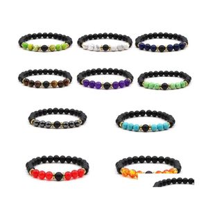 Bracelets de charme 8mm Sete Chakra Buda Buddted Black Stone Breads Bracelet Mulheres Men Bangle Strings M￣o Droga J￳ias de Entrega Dhfiu