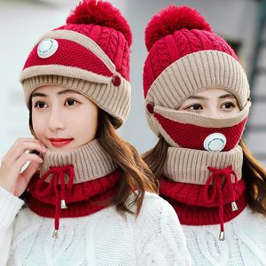 Beanies Beanie/Skull Caps冬の女性の帽子サイクリング耳の保護ウール温かい厚い3ピースマスクビブニットハットビーニー/スカル