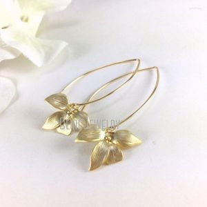 Hoopörhängen ER41774 Gold Orchid Flower Long Dingle Wedding Bridesmaid Jewelry Gift till mamma syster vän fru