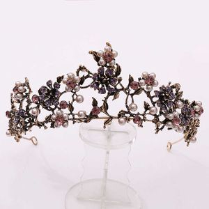 Diademi Barocco Vintage Nero Viola Perle di cristallo Diademi nuziali Corona strass Pageant Diadema Velo Tiara Accessori per capelli da sposa E Z0220