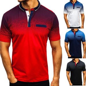 Men's Polos CYSINCOS Men Shirts Blue And White Gradient England Style Shirt Summer Casual Loose Turn-down Collar Clothing