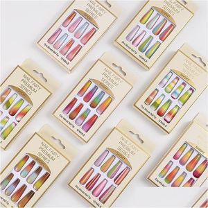 偽の爪12pcs/set gradient long coffin fake rainbow ballerina fl er nail art tips美人マニキュアチャームドロップdhagqを提供する