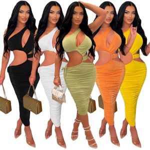 2023 Designer Sexy Hollow Out Dresses Summer Clothes Women One Shoulder Bodycon Dress Female Cut Out Pleated Dress Night Club Party Wear Wholesale 9313