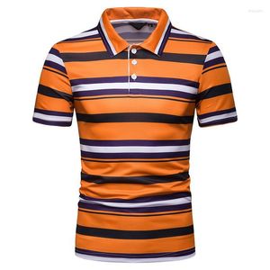 Men's Polos Lapel Shirt Men Stripe Clothing Summer Tops Tees Business Casual Short Sleeves Green Orange