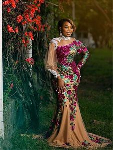 Длинное рукав aso ebi русалка вечерние платья африканские цветы с блестками Gillter African Prom Prom Play High Seck De De Soree