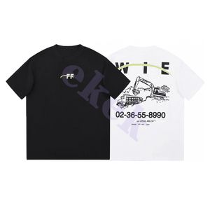 Marca de moda masculina camiseta escavadeira carta de esbo￧o impress￣o de manga curta pesco￧o redondo ver￣o de camiseta solta top preto branco