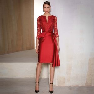 Casual Dresses Red Mother of the Bride Lace Applique Wedding Party Dresss 34 ärmar Elegant mantel Kort gäst 230221