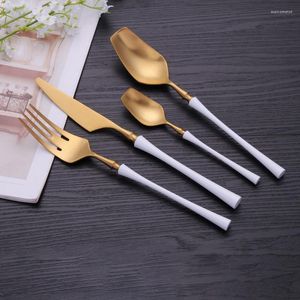 Dinnerware Sets 16Pcs Matte Stainless Steel Cutlery White Gold Fork Spoon Knife Set Tableware Complete Dinner Kitchen Utensils Dropshopping