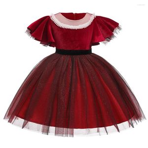 Vestidos de menina 2023 meninas Princess Wedding Red Dress Red Beading Christmas Ruffle Kids Senhores de Velvet Festa de Aniversário