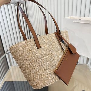 Stroh-Verbundtasche, gehäkelte Strandtasche, Damen-Schulterhandtaschen, Damen-Tragetaschen, Designer-Luxus-Reißverschluss-Geldbörse, Mini-Geldbörse, Schlüsseltasche, echtes Leder, goldfarbene Hardware