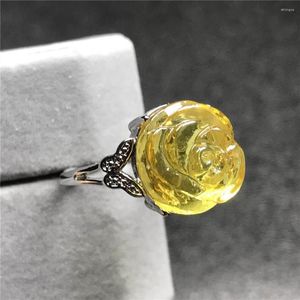Cluster Rings Natural Yellow Amber Ring Jewelry For Woman Man Gift Flower Carved 13x12mm Beads Gemstone Silver Wealth Adjustable