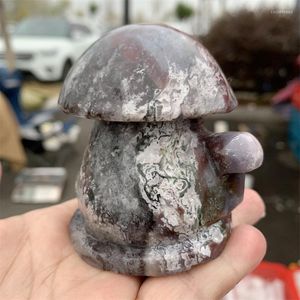 Decorative Figurines Natural Moss Agate Crystal Hand Carved Cute Cartoon Mushroom House Crafts For Home Decoration Or Christmas Gift 1pcs