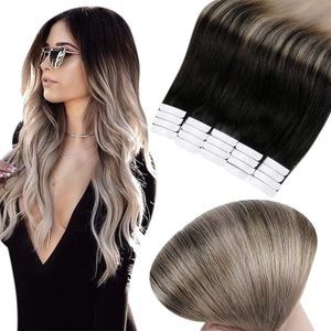 Tejp i h￥rf￶rl￤ngning Balayage Human Hair Black Fading to Ash Blonde Ombre Tape Ins Adhesive Extensions 100g/40pcs