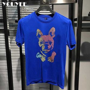 Men's T-Shirts Couple Clothes Tshirt Trendy Brand Dog Head Cartoon Rhinestone Men's Woman Short Sleeve Cotton Tees Streetwear Large Male Tops Z0221