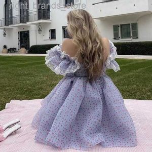 Günlük elbiseler rahat elbiseler yaz kadın puflu kol organze prenses elbiseler vintage açık mavi vintage gül çiçek kısa elbise seksi tatil vestido0221v23