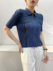 Jackets femininos Miyake Pleed Denim Jackt Cardigan Casual Fashion Slim Fit and Thin 2023 Autumn Products