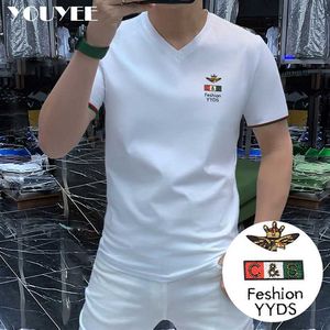 T-shirt da uomo T-shirt da uomo con scollo a V lettera ricamata 2022 New Ice Silk Cotton Slim Abbigliamento maschile Versatile Confortevole T-shirt di alta qualità Abbigliamento Z0221