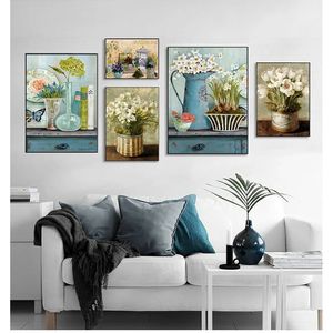 Bild Nordisches minimalistisches Aquarell-Poster und Gemälde Vintage-Blumen-Leinwandgemälde europäische pastorale Heimdekoration Wandkunst Woo