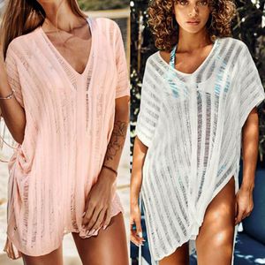 Sommarbadkläder täckning ihålig stekning lös bikini utanför astcy2135 kvinnor vit och rosa färg baddräkt smock strand solskyddskläder