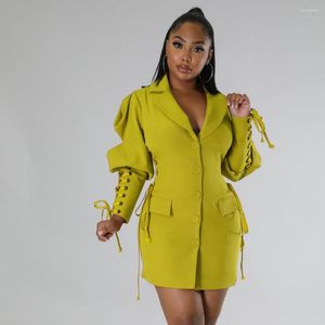 Vestidos casuais Autumn Streetwear Mini Dress Fashion Lace Up Puff de manga longa Office Lady Blazer Camisa amarela 2023