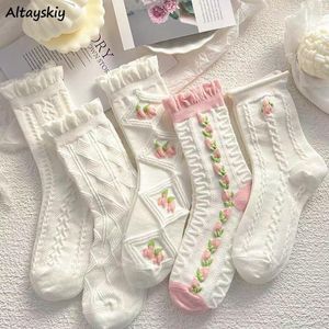 Women Socks Middle Tube Flower Kawaii Mujer Japan Style Casual Romantic Girlish Tender Young All-match Ins Chic Home Soft