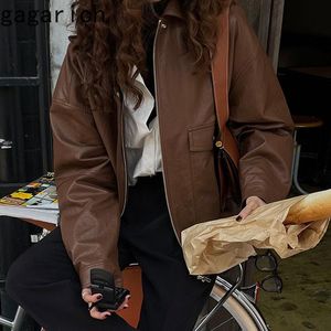 女性用ジャケットギャガリッチモーターサイクルPUレザージャケット2023秋の女性フランスのレトロ気質ラペルジッパー長袖ポケットカーディガン
