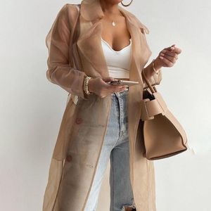 Women's Jackets Women See Through Outdoor Tops Lace Up Spring Solid Sheer Mesh Long Sleeve Buttoned Coat With Belt Elegant Shirts