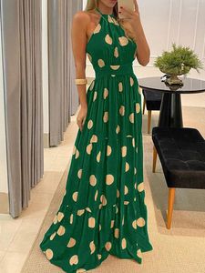 Casual Dresses Dot Print Dip Hem Fashion Bohemian For Women Round Neck Sleeveless Floor Length Loose Dress