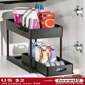 Dish Racks Kitchen Organizer Under Sink Sliding Drawer Storage 2 Tier Multipurpose Holder For Kitchen 230221