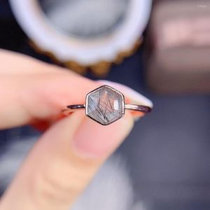 Cluster Rings Hexagon Black Rutilated Quartz Ring Sterling Silver Engagement Simple Solitaire For Women