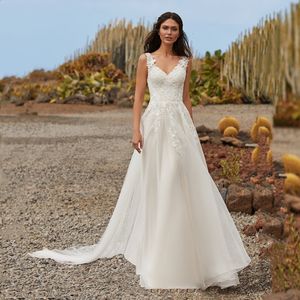 Partykleider Bohemian einfach eine Linie Hochzeit V Hals ärmellose Spitze Applique Sweep -Zug für Frauen jäten Kleider Schärpe Custom 230221