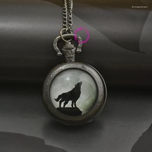 Pocket Watches Wholesale Fashion Wolf Deer Watch Necklace Woman Fob Black Bronze Round Convex Lens Glass Picture Girl Sweet Lady