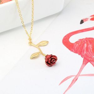 Kedjor Rhinestone Pendant Necklace Red Rose Blomkedjan Kristall Autumn Winter Women's Jewelry Valentine's Day