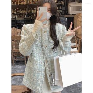 Frauenjacken hochwertige koreanische Vintage Hellblau Tweed Jacke Coat Frauen Frühling Herumn Casual Street Short Plaid Outwear E259