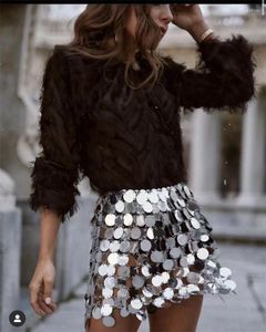Kjolar kvinnors paljett kjol rostfritt stål metallkedja plast geometriska paljetter sexiga ihåliga utformade halloween mode mini