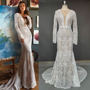 Party Dresses Boho 2023 Deep V Neck Cut Out Lace Wedding Dress Real Pos Transparent Retro Long Sleeve Open Sheer Back Mermaid Bridal Gown 230221